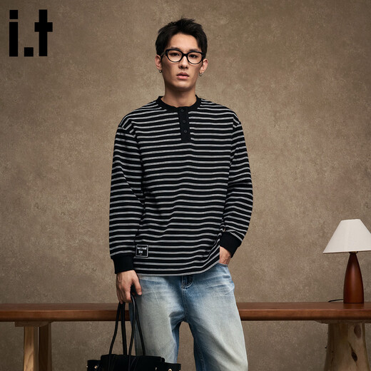 Izzue it Hong Kong trendy brand striped sweatshirt men's spring and autumn American retro contrast color Henry collar long-sleeved bottoming shirt black official authentic L