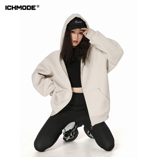 ICH MODE American sweatshirt jacket women's autumn and winter new loose hooded double zipper cardigan lazy long-sleeved jacket light gray L