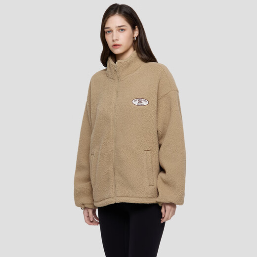 GAP women's 2025 new autumn style appliqué embroidered logo imitation sherpa loose zipper stand collar jacket 843660 Khaki S (160/84A) Asian size