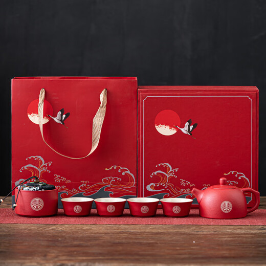 Wedding gifts for newlyweds, festive high-end wedding practical tea sets, souvenirs for besties, besties, engaged friends, brides, red country trend, one pot, 4 cups + tea can gift box