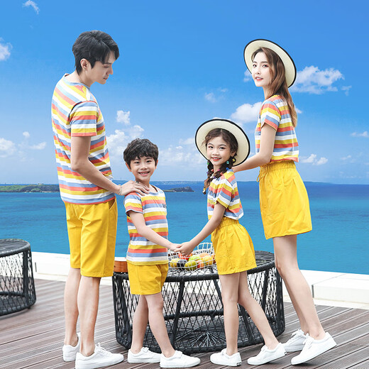 Bubble orange casual parent-child wear, family wear, short-sleeved T-shirt striped suit, mother, daughter, father and son, stylish family portrait of three or four, yellow striped suit/top + pants, baby boy size 90 (recommended height 75-85cm)