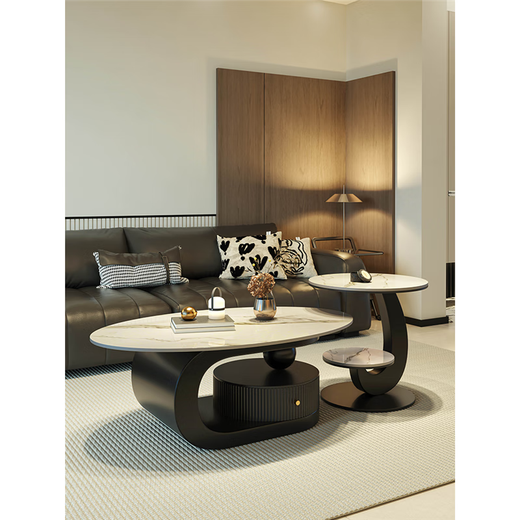 New oval slate coffee table modern simple living room household light luxury high-end small apartment tea table combination black frame drawer fish belly white 100+50*50 fish belly white