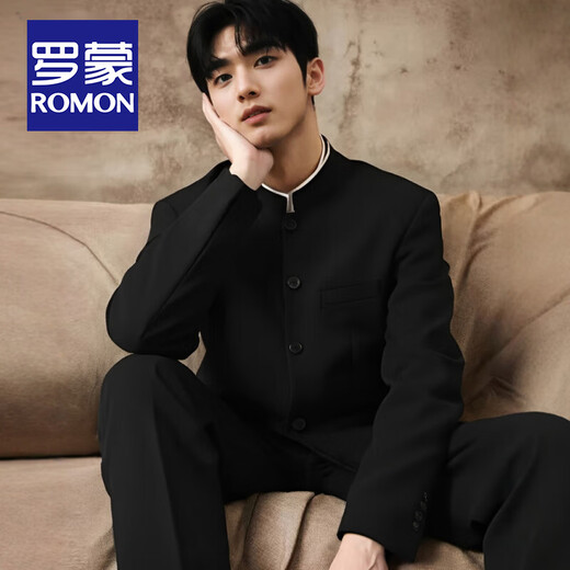ROMON New Chinese Style Ming Button Chinese Stand Collar Suit Men's Groom Wedding Banquet Suit Chinese Style Art Exam Mao Suit Black Jacket + Pants 2XL (Recommended 171-195 Jin Jin equals 0.5 kg)