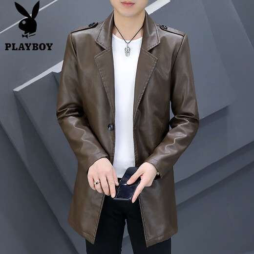 Playboy (PLAYBOY) chaqueta de cuero de longitud media con cuello de traje para hombre, chaqueta de cuero de PU delgada e informal de negocios, chaqueta de traje cortavientos atractiva de color sólido 8810 negro de longitud media 3XL (145-158Jin Jin equivale a 0,5 kg)