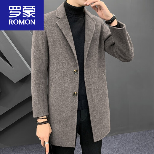 ROMON double-sided cashmere coat men's mid-length Korean style autumn and winter thickened Nizi British windbreaker wool woolen coat mixed coffee-18705 M 110-125Jin Jin is equal to 0.5 kg
