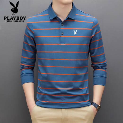 Playboy Pure Cotton Streifen Langarm T-Shirt Herren Frühling und Herbst Casual Vielseitig vielseitiges Top-Lampe-Mode-Polo-T-Shirt Amap/2356 Dunkelgrau L 17088a