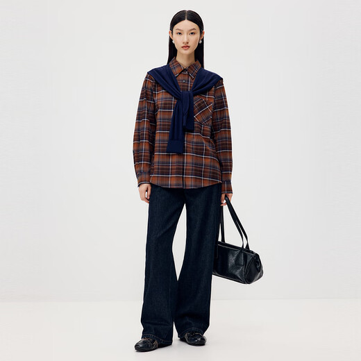 Shuiyunjian Women's Clothing Commuting Fashion Dark Coffee Check Pattern Loose Long-Sleeved Shirt with Shawl 2025 Autumn New Style Dark Coffee Check S