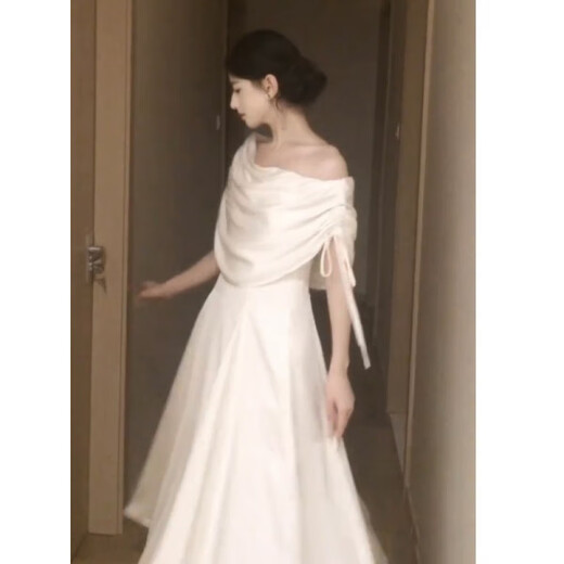 ACJK French style gentle white moonlight swing collar dress feminine and beautiful waist waist banquet dress long skirt off-white L