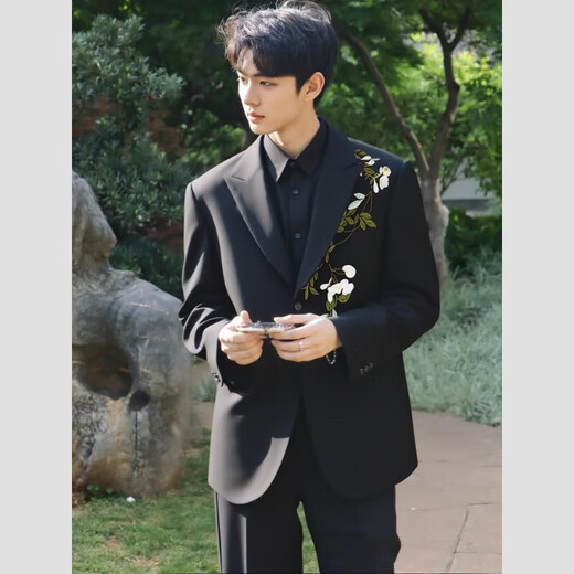 DK high-end men's new Chinese style national style embroidered suit suit male groom wedding dress suit jacket business suit black jacket + pants XS (100-120Jin Jin equals 0.5 kg)