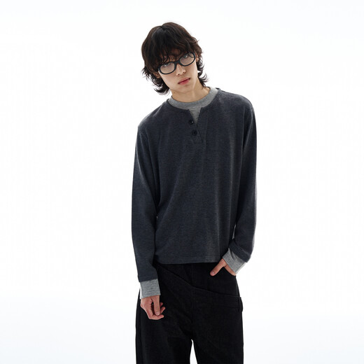 Weilang's shop American style lazy and relaxed knitted sweater for men, high-end fake two-piece Henry collar bottoming shirt, couple trendy black S