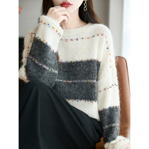 La Chapelle French-style fine glitter striped sweater for women 2025 autumn and winter new loose lazy warm bottoming huge good-looking sweater black XL recommended weight 115-130Jin Jin equals 0.5 kg