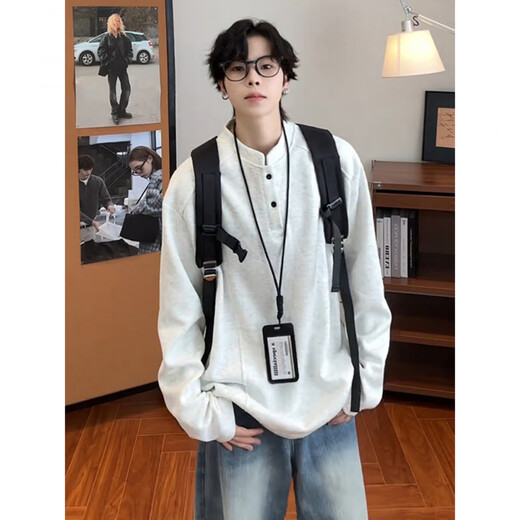 XUANSENTU white and gray Henry collar long-sleeved polo shirt for men, autumn and winter style right shoulder sweatshirt, American style inner layering shirt, trendy white gray upgraded version 95% users choose L