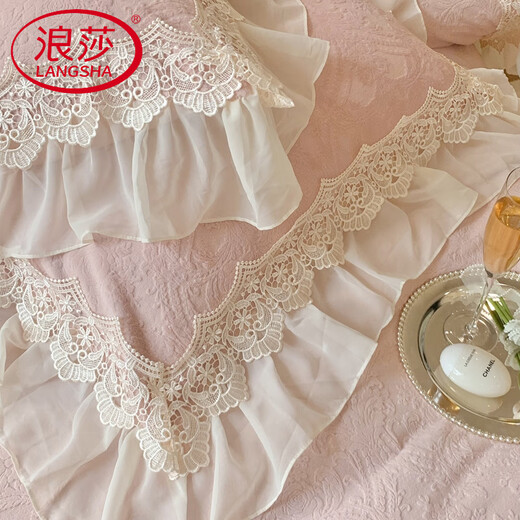 Langsha 2025 autumn and winter new thickened carved velvet baby velvet Annabell series French double-layer lace four-piece set Annabell pink bed sheet style 1.5m four-piece set