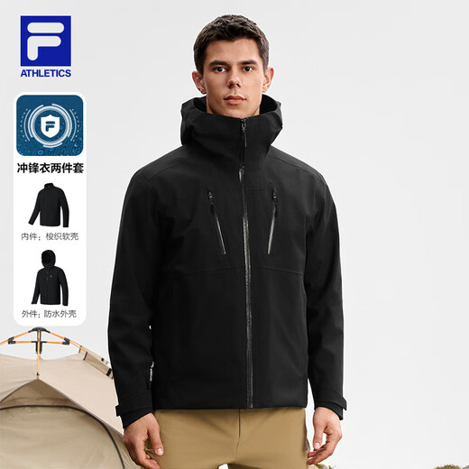 FILA Official Men's Jacket Two-in-One Jacket 2025 Autumn New Outdoor Sports Hooded Jacket for Men Dark Black-BK L 175/96A/L