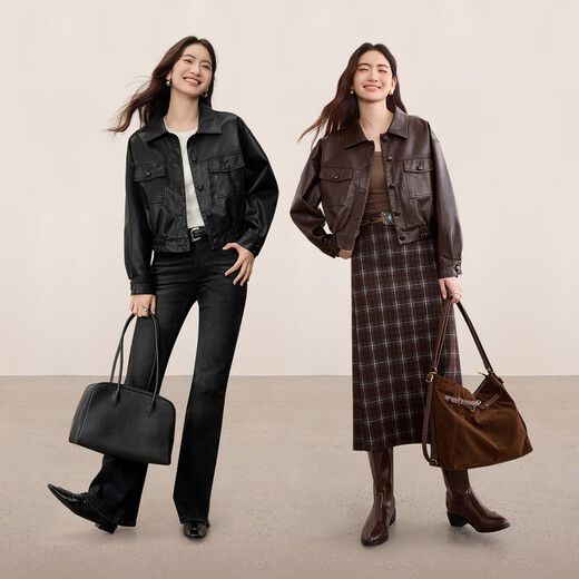 尚都比拉再生纤维素皮衣女秋季摩登通勤翻领长袖机车服宽松显瘦单排扣外套