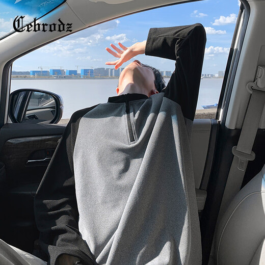 Cebrodz French half-zip long-sleeved T-shirt for men in spring and autumn, versatile youth outdoor sports cycling trendy brand heavy top, black XL