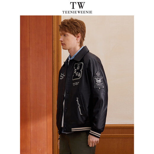 Teenie Weenie2025 Весенняя кожаная куртка с лацканами в стиле ретро контрастного цвета TNJL251202A Черный 170