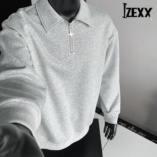 IZEXX half-zip sweatshirt men's spring American loose lapel polo shirt casual top long sleeve JW54 light gray L
