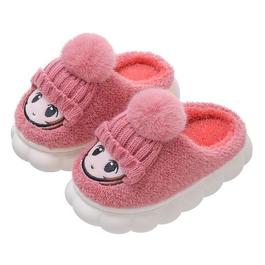 TKHE children's cotton slippers autumn and winter indoor soft-soled non-slip little girl's slippers cartoon cute warm plush cotton shoes children's cotton slippers leather red upgraded thickened model 30-31 size 19cm inner length recommended for 6-7 years old