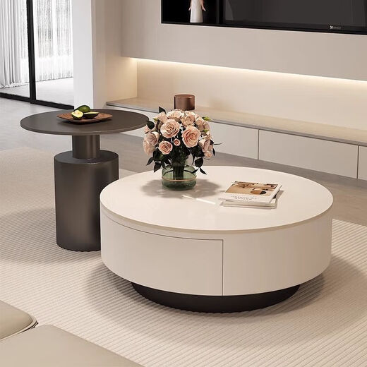 Huabisen Italian high-end light luxury slate coffee table small apartment living room home minimalist round combination simple modern black cabinet white slate 70+45 black edge table