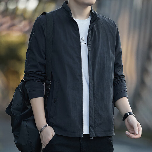 Men's jacket spring and autumn trendy loose stand-up collar jacket workwear for young and middle-aged people windproof outdoor sports and leisure men's wear 67002 gray 3XL 150-165Jin Jin equals 0.5 kg