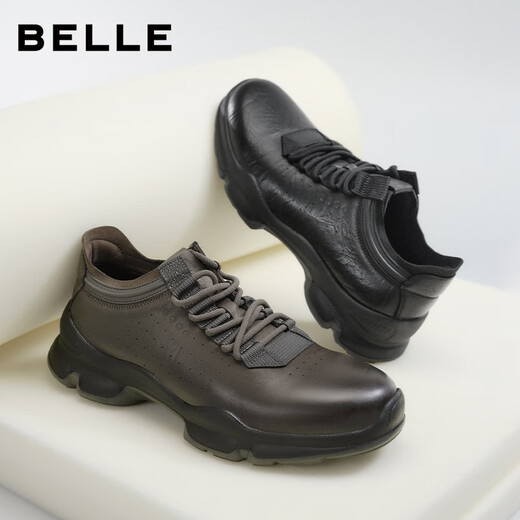 Belle thick-soled height-increasing walking shoes for men 25 autumn new scratched cowhide outdoor casual sports shoes A2215CM5 pre-sale black 41 (255mm)