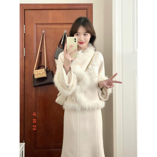 Hengyuanxiang winter clothing with a complete set of large size fat mm new Chinese woolen coat Xiaoxiang style royal sister fashion suit for women two-piece suit L (recommended 100-120 Jin Jin equals 0.5 kg)