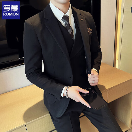 ROMON's new autumn and winter thickened warm woolen suit suit for men, Korean style slim fit groom and best man wedding suit, gray suit + vest + trousers, free tie 3XL