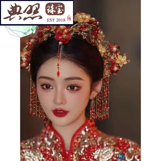 Typical photo of Fengguan Xiapei headdress Xiuhe suit Chinese style bride 2025 new red bow glazed hair crown ancient style wedding C main crown + back area + hairpin + earrings gift box
