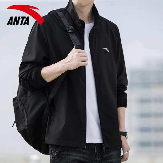 ANTA (ANTA) Knitted Stand Collar Sports Jacket Men's 2025 Autumn New Cardigan Thin Casual Sweatshirt Sportswear Jacket Top -1 Basic Black Regular Style L Suitable for 120-140Jin Jin equals 0.5 kg