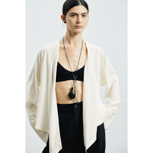 THORNSAURA niche minimalist style drapey stand-up collar acetate two-wear shirt top for women Diamond White S