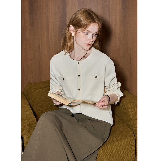 KUHNMARVIN Quiet Luxury Style Round Neck Long Sleeve Shirt Women's 2025 Winter New Elegant Temperament Commuting Casual Jacket K20655 Blue S