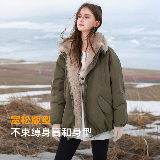 三彩【90白鹅绒】三彩独醒2025冬季新款防水鹅绒服毛绒拼接羽绒服F 深橄榄色 XS 150/76A