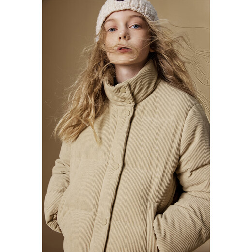 ELLE KIDS children's clothing 90% white duck down down jacket for girls winter new corduroy striped texture jacket light khaki 160 (S)