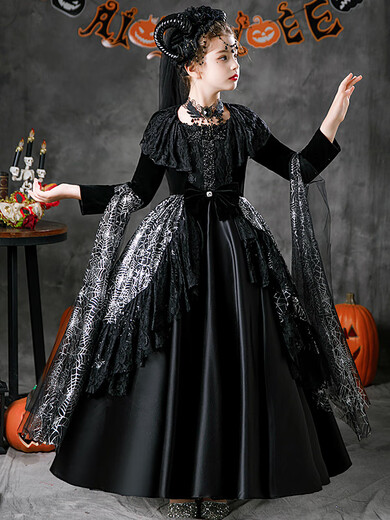 Bei Haomeng MERRIER SWEETIE Halloween girls dress character witch vampire costume dark queen dress up little devil masquerade night witch + horn + staff necklace + Halloween stickers one size 150cm