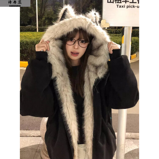 Dangrui American retro mountain carving black hooded fur collar coat for women winter thickened warm jacket cotton coat down jacket black one size fits all Please note the size