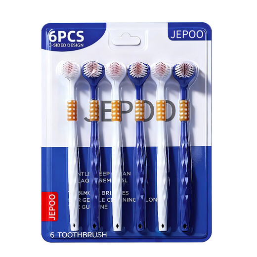 Jepoo Sam three-sided soft-bristled toothbrush, three-head wide-sided soft-bristled toothbrush, adult home gum protection, brushing and cleaning, soft bristles, 6 pieces, 1 row