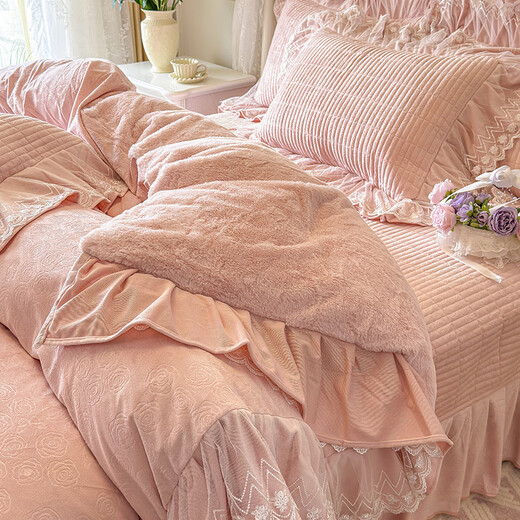 Yalu Korean lace baby velvet bed skirt four-piece set winter double-sided milk velvet warm bed sheet quilt cover three-piece set Chanel Garden-Pink Jade bed cover 1.5m four-piece set