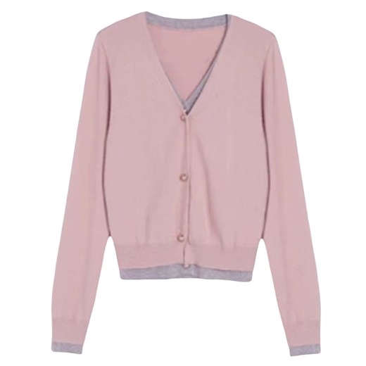 Su Yuwei koreanischer Stil Xiaoxiangfeng gefälschter zweiteiler rosa V-Neck-Strickjagd für Frauen Spring- und Herbst-Design Kurzpullover Jacke Top Grey Pink S empfohlen (80-95 Jin [Jin Equals 0,5 kg]) [Folgen Sie dem Laden]