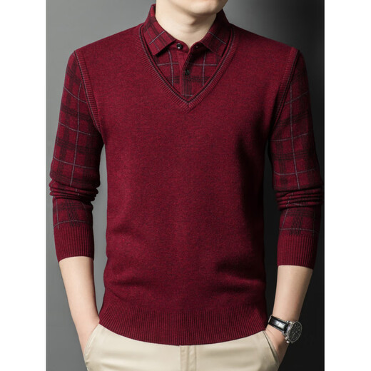 
NOSSKISS fake two-piece sweater men's autumn and winter casual plaid shirt collar layered base knitted men's worsted pure wool sweater on cyan S 165 [suitable for 105-120Jin [Jin equals 0.5 kg]]