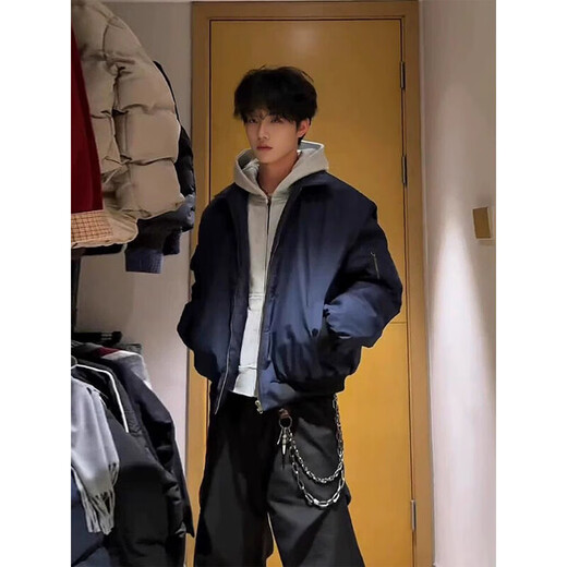 Shelley Jones American cleanfit jacket men's autumn high-end handsome lapel navy blue bomber jacket baseball uniform navy XL recommended 125-135Jin Jin equals 0.5 kg