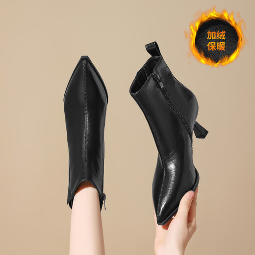 ZHR stiletto short boots winter women's shoes retro temperament high heels increased pointed toe ankle boots BQ150A black 36