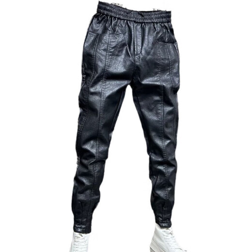Winter cold-proof leather pants for men with fur integrated velvet and thickened waterproof and oil-proof motorcycle knee-pad leather trousers, black leather pants, cold-proof and warm in winter, plus velvet 2XL recommended 135-150 Jin Jin equals 0.5 kg