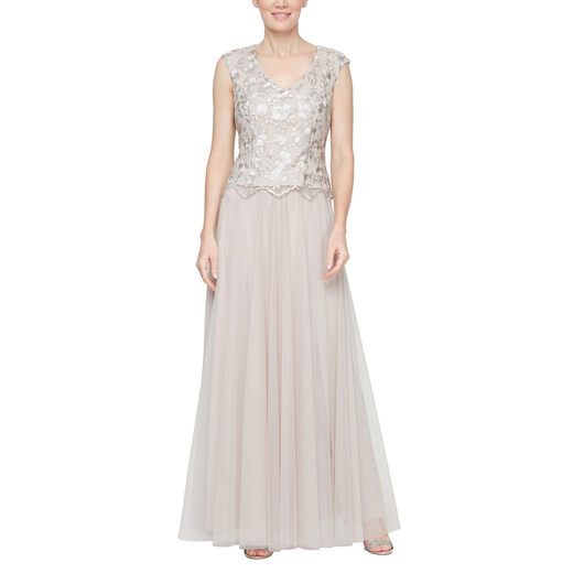 Alex Evenings Women's Long V-Neck Embroidered Mother of the Bride Dress Taupe 10