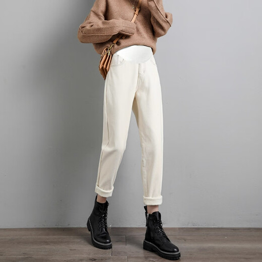 Jeans de maternidad de conejo crema Primavera y otoño 2025 Nuevo estilo de pantalones de papá de pierna recta cable informal Pantalones Harrento Harrento Denning Blue L [sugerido 105-130Jin [Jin iguala 0.5 kg]]]