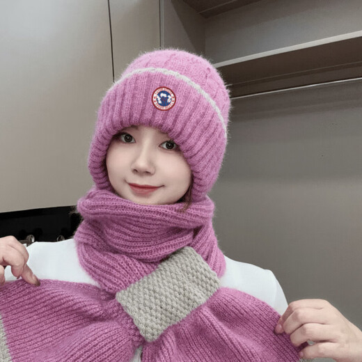 TUTORGOOSE autumn and winter color-blocked hat scarf 2025 new velvet thickened knitted fashion versatile all-in-one anti-wind and snow ear protection hat linen color