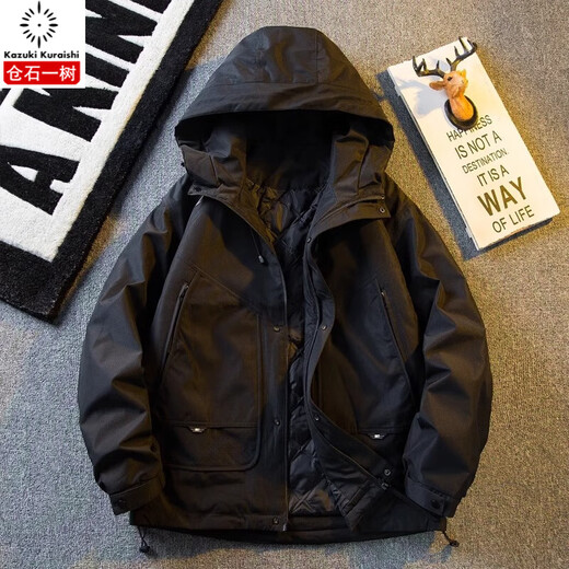 Kuraishi Kazuki trendy brand winter cotton clothing for men, thickened and velvet, outdoor warm and windproof work clothes, warm cotton coat jacket for men, black XL