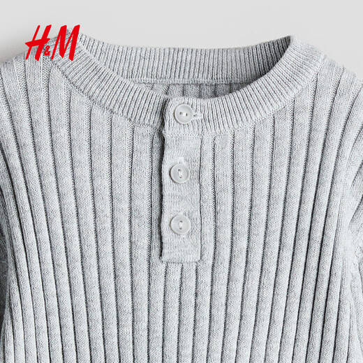 H&M Children's Clothing Baby Boy Suit 2-piece Autumn Ribbed Knit Henley Long Sleeve Sports Drawstring Trousers 1239501 Navy Blue 100 100/56