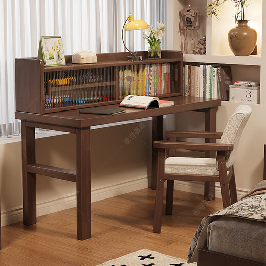 Huixun solid wood desk with bookcase storage table thickened new simple bedroom student study desk study desk black walnut color #desk + bookshelf 120cm*60cm*75cm total height 109cm