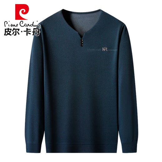 Pierre Cardin Algodón puro Camiseta de manga larga Camiseta en V para hombres 2025 Spring and Autumn New Solid Color Wase Camiseta Casual Dad Top 6998 White M 165 Sugerencia 90-120Jin [Jin equivale a 0.5 kg]